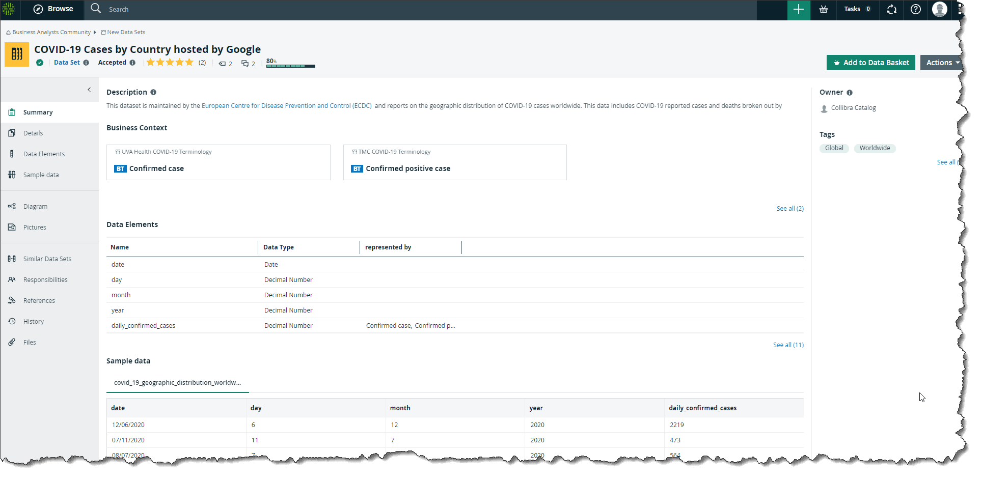 collibra data catalog - data set landing page